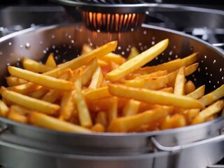 French fries is cooking into deep fryer at kitchen.