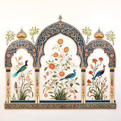 traditional mughal garden, mughal colorful decorative arch plant illustration for wall painting
