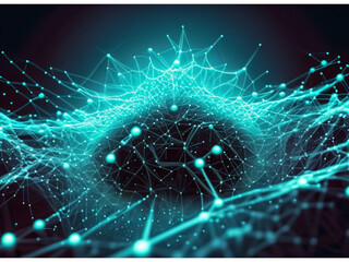 Abstract technology background of a quantum computing system with a cyber network grid and connected particles. Artificial neurons, global data connections