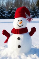 Snowman with a red hat and red scarf in the forest. Snow covered the ground, green trees in the background.
