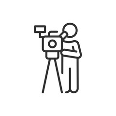 Camera operator on tripod, linear icon. Line with editable stroke