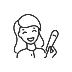 Woman rejoices over one strip on pregnancy test, no pregnancy, linear icon. Line with editable stroke