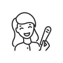 Woman rejoices over two stripes on pregnancy test, linear icon. Pregnancy. Line with editable stroke