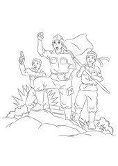 Three warriors stand guard on the battlefield. Coloring page for kids.
