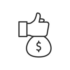 Bag of money and thumbs up, get money, linear icon, lots of money. Line with editable stroke