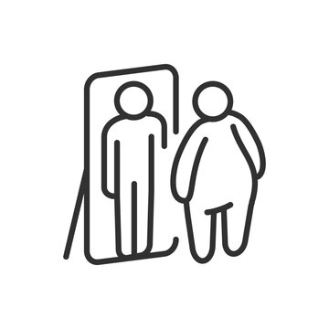 Overweight person stands in front of mirror and sees thin reflection, linear icon. Line with editable stroke