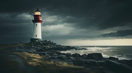 Obraz premium old dark lighthouse. stormfull weather rising against horizon. lights comming out from the lighthouse. dramatic lights and rain. moody light, epic perspective. generative AI