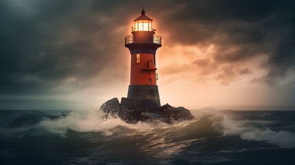 Obraz premium old dark lighthouse. stormfull weather rising against horizon. lights comming out from the lighthouse. dramatic lights and rain. moody light, epic perspective. generative AI