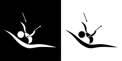 Pictogrammes représentant une gymnaste réalisant des figures artistiques avec des massues, une des disciplines des compétitions de la gymnastique rythmique. - obrazy, fototapety, plakaty