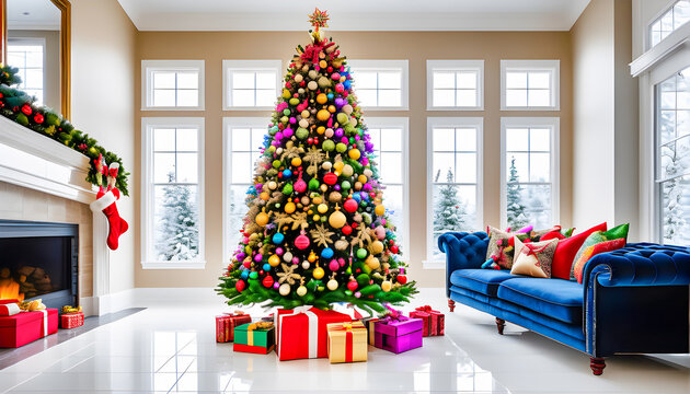 Christmas tree with colorful decorations and gifts in with santa claus