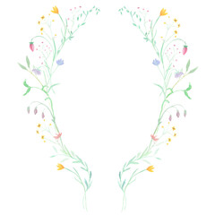 Floral, watercolor wreath with hand drawn delicate flowers and green leaves. Forest flowers,...