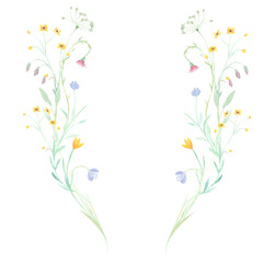 Floral, watercolor wreath with hand drawn delicate flowers and green leaves. Forest flowers, wildflowers, wreath on a white background.