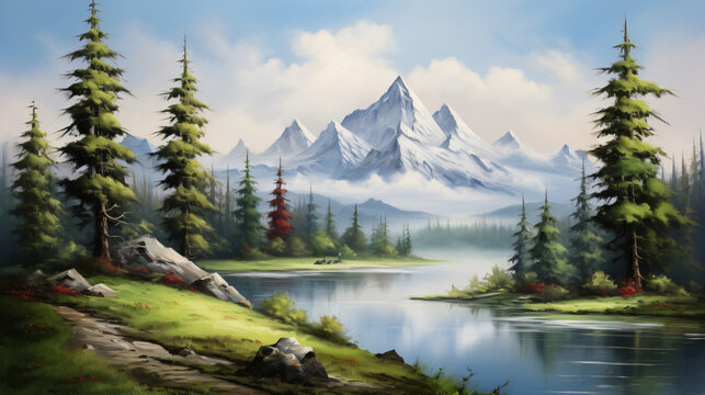 A picturesque painting of a serene mountain lake