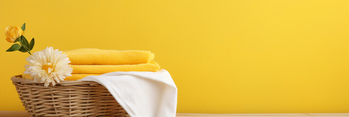Towel on basket on wood table with white wall