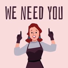 Poster for recruiting employees and we need staff, flat vector illustration.