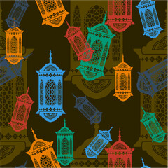 Editable Flat Style Various Color Arabic Ramadan Lamp Vector Illustration Seamless Pattern With Dark Background for Arabian Culture Tradition and Islamic Moments Related Design