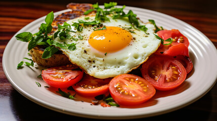 Fototapeta na wymiar A plate topped with a fried egg and fresh tomatoes