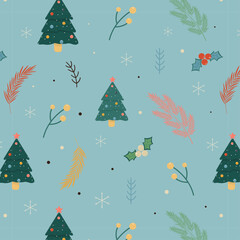 Seamless winter pattern with pine trees, branches, leaves and berries