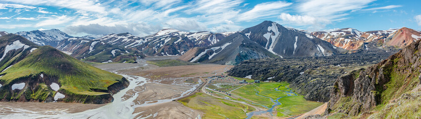 Landmannalaugar, Iceland. Panoramic Bird View at camping site and mountain hut and huge lava field...