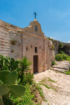 View of baroque facade of rock church of Our Lady delle Vergini (Santa Maria Masulo). Matera, the region of Basilicata, in Southern Italy.