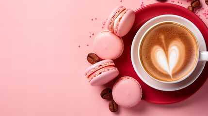 Cup of hot coffee cappuccino with pink macaroon and cappuccino with heart art  pink background, copy space banner advert menu morning breakfast template,  Valentine day Mother day Best gift for woman - obrazy, fototapety, plakaty
