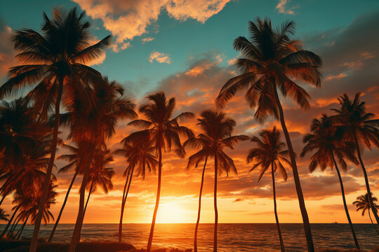 Silhouette of palm trees at tropical sunrise or sunset, Tropical beach, Palm trees on the beach, Sunny tropical  beach with palm trees and turquoise water, island vacation, hot summer day