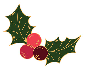 Christmas holly branch with berries sticker doodle style isolated on transparent background