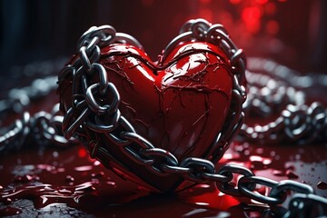 Realistic image of a chained heart, with vivid details that include chains that surround the heart and drops of blood that add drama.