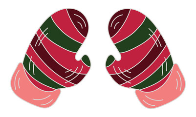 Christmas striped pink and green mitten gloves sticker isolated on transparent background
