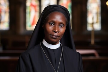 Mature Catholic nun: African American woman in apostolic standing and looking at camera. Catholic nun preparing to serve God in church. - obrazy, fototapety, plakaty