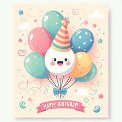 Vector happy birthday design with balloon, typography letter and falling confetti. Happy birthday template.