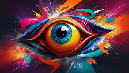 A abstract, vibrant, colorful illustration of an eye. B bursting with energy. Chaotic yet harmonious composition, Contrasting colors. Abstract patterns. Swirling lines. 