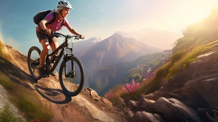 Rolgordijnen Old woman riding bicycle on beautiful mountain © Idressart