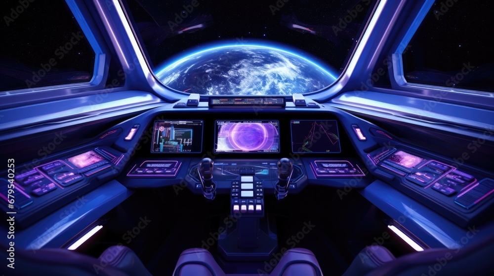 Aufkleber a spaceship cockpit with a view of the earth. generative ai.