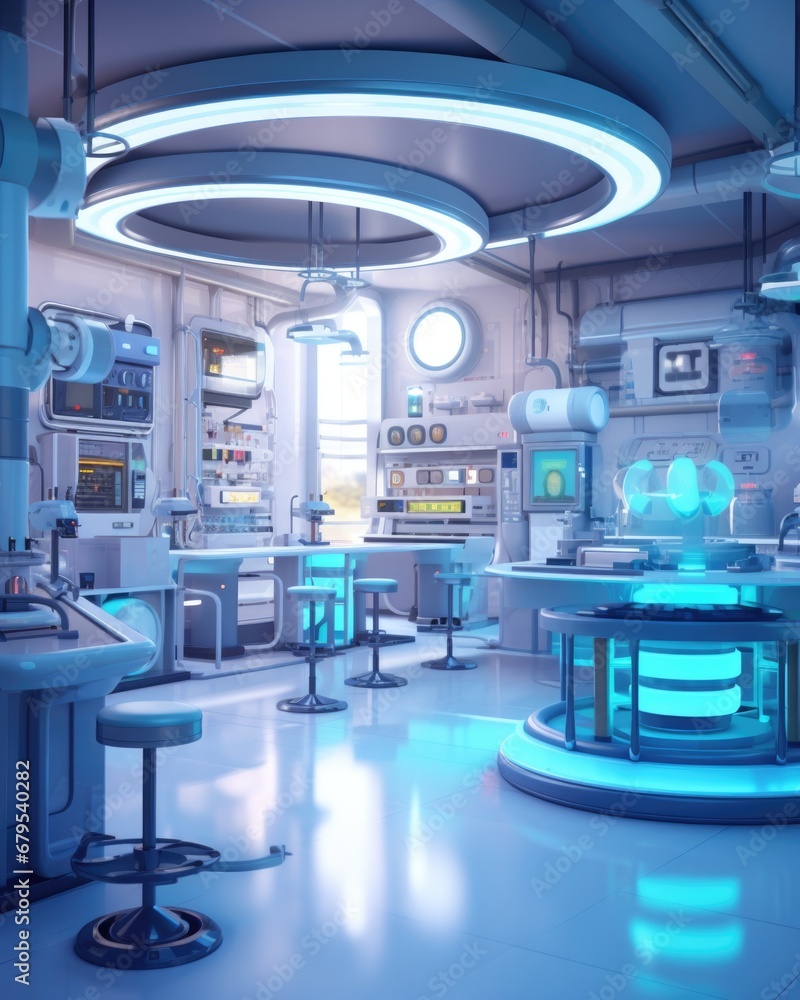 Poster a futuristic kitchen with a bar and stools. generative ai.