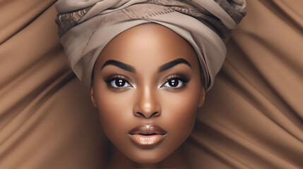 Beautiful african american woman in turban. Beauty, fashion. - obrazy, fototapety, plakaty