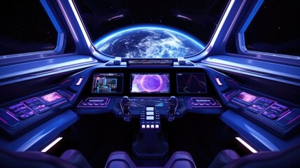 A spaceship cockpit with a view of the earth. Generative AI. - obrazy, fototapety, plakaty