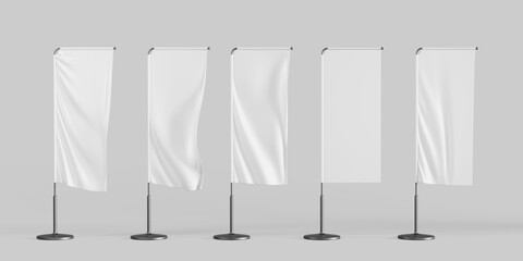 3d white blank advertising banner flag mockup render. Isolated vertical fabric textile promo posters waving on pole. Empty rectangle canvas pennants hanging on metal frame and stand. 3D illustration - obrazy, fototapety, plakaty