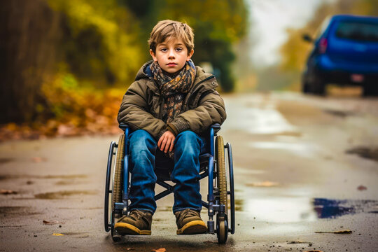 A disabled boy in a wheelchair on the road in autumn.
