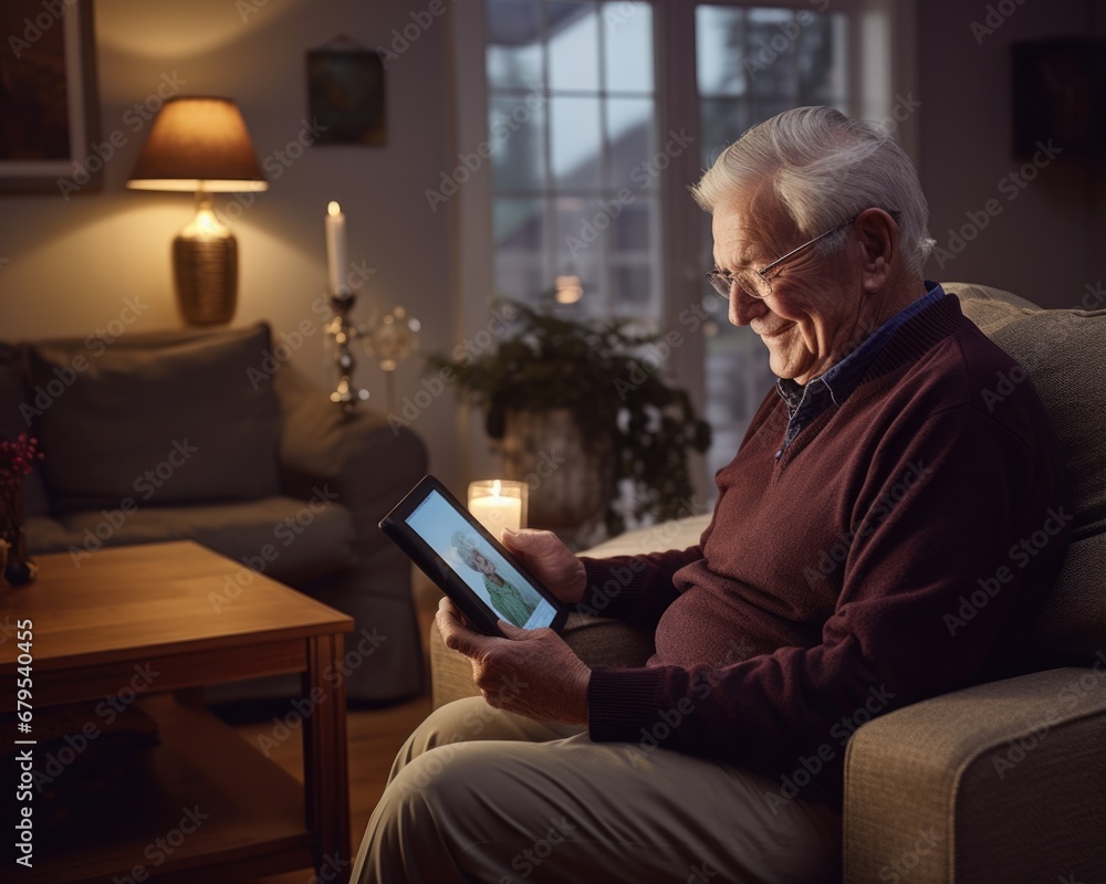 Poster a man sitting on a couch using a tablet computer. generative ai.