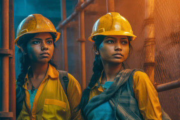 Portrait of two female industrial workers wearing yellow hardhats and helmets