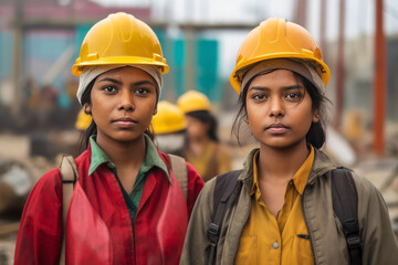 Portrait of young female engineer and worker in hardhats at construction site