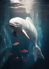 A white dolphin swimming in the water with fish around it. Generative AI.