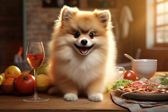 Beautiful pomeranian spitz sitting at a table, delicious pizza