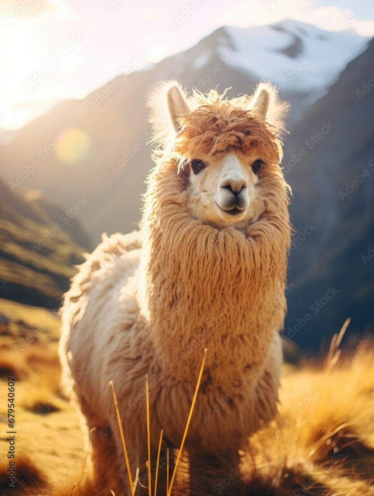 Poster a close up of a llama in a field with mountains in the background. generative ai.