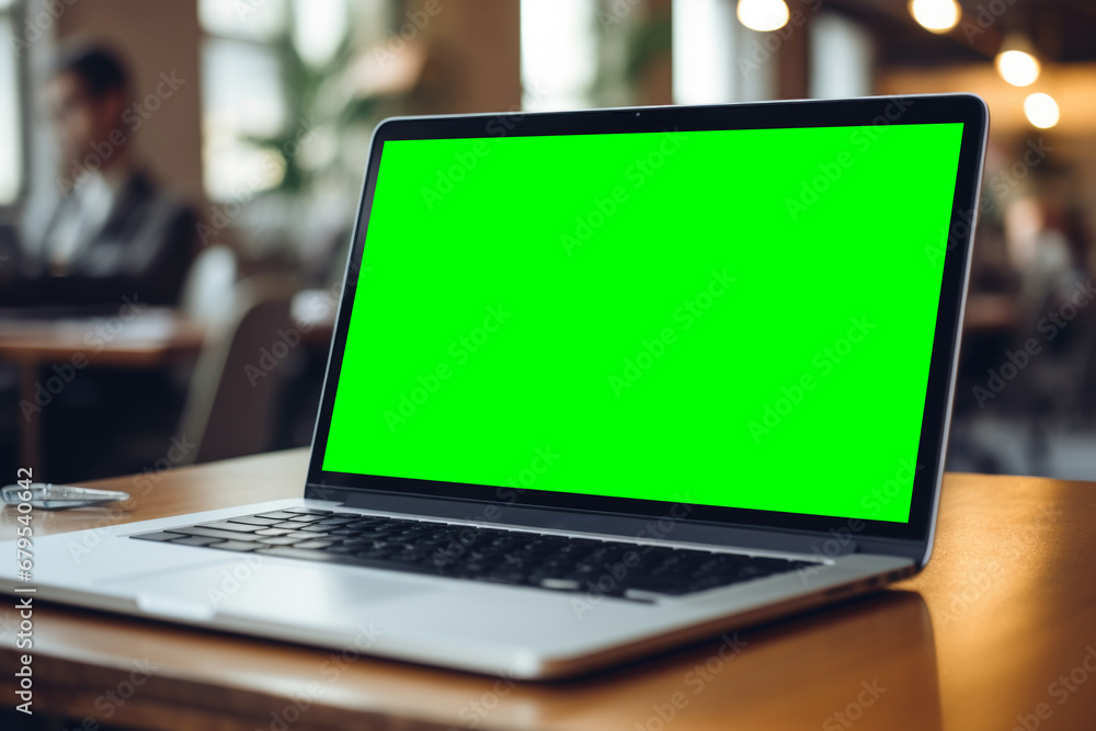Aufkleber a laptop with a green screen on a table. generative ai.