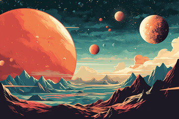 Science, cosmos, astronomy, sci-fi, fantasy and arts concept. Retro style colorful illustration of planets and stars. Minimalist 70-80's pastel colored and grunge illustration style