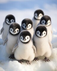 A group of penguins standing on top of a pile of snow. Generative AI.