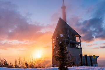 Colorful winter sunrise in mountains.Lysa mount in Beskydy mountain in Czech republic - obrazy, fototapety, plakaty