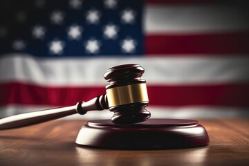 Law theme, mallet of judge, wooden desk and USA flag background.

 Generative AI